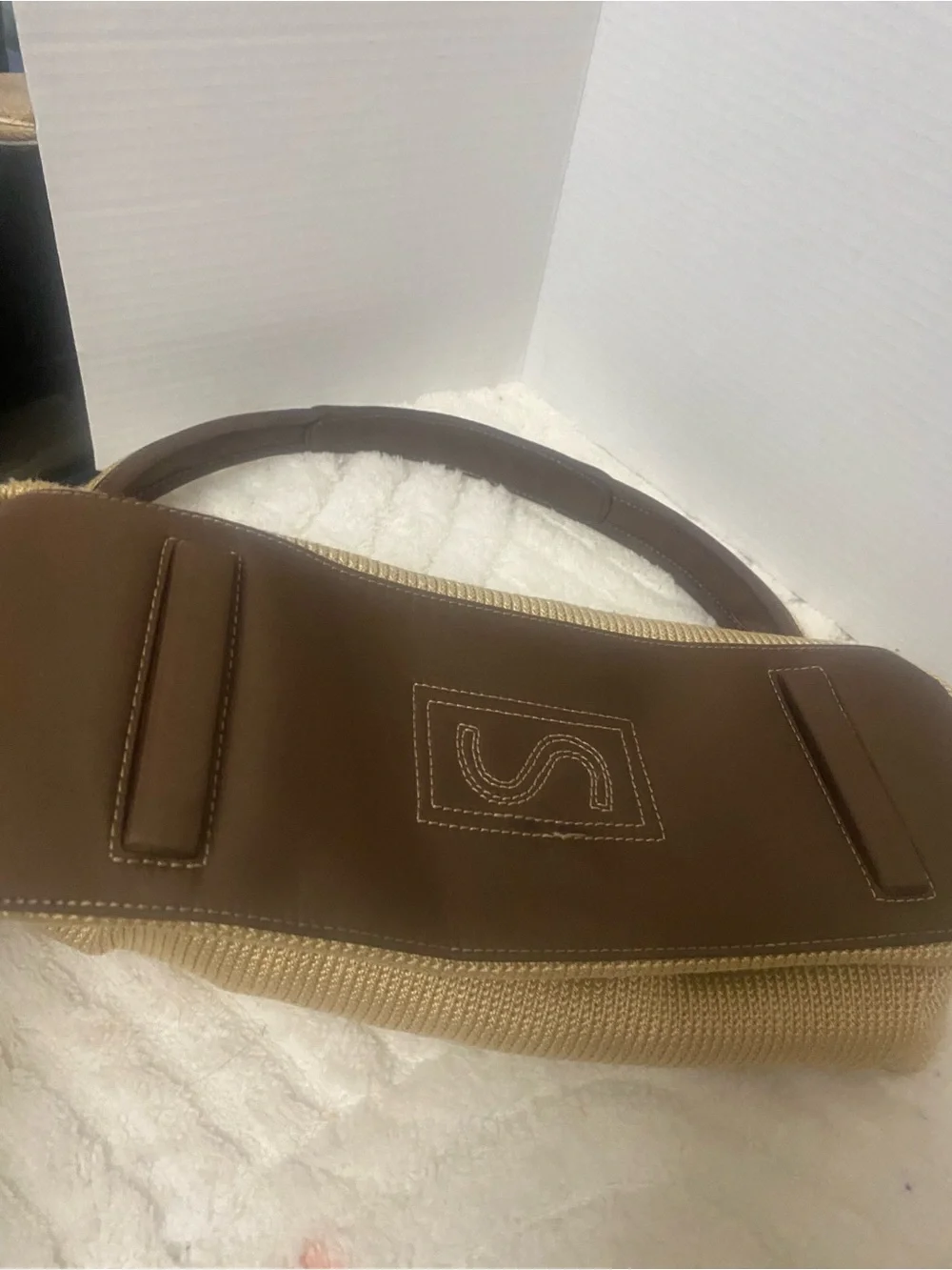 The Sak Beige Knit Shoulder Bag with Brown Trim